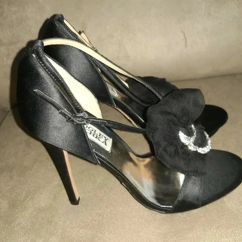 BADGLEY MISCHKA-Black Silk Satin-Jeweled D'Orsay - Picture 3 of 6